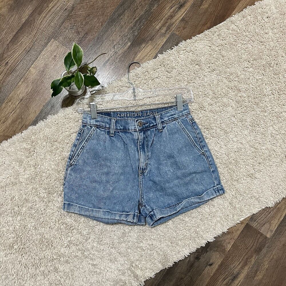 American Eagle Size 00 Medium Mineral Wash Cuffed Pleated High-Rise Mom Shorts